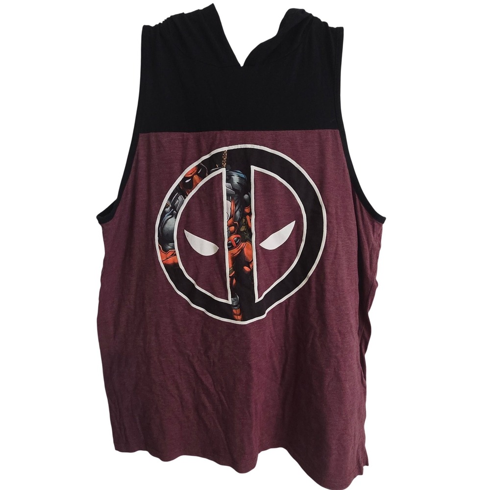 Marvel Deadpool Sleeveless Hoodie Men's XL Black‎ Red Tank Hooded Tshirt